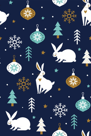 White hares in the forest with snowflakes and Christmas glass balls vector seamless pattern isolated on blue background. Creative kids scandinavian style texture for fabric. Christmas background.のイラスト素材