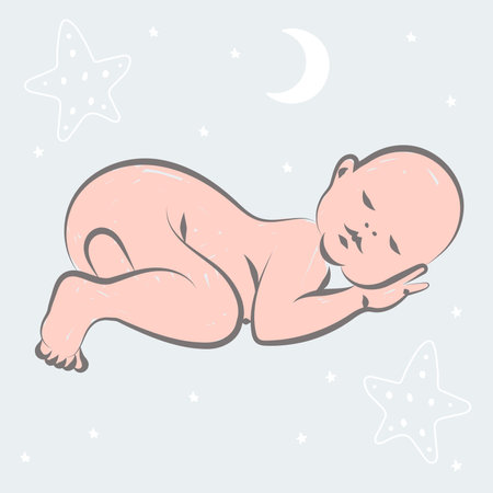 Baby line art. Sleeping baby drawn in outline style. Baby shower isolated template. Vector illustration. Cute little baby boy.のイラスト素材