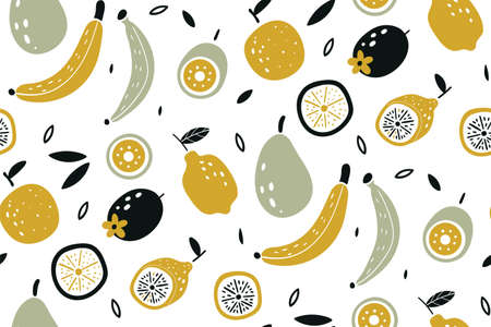 Doodle fruits. Vegan kitchen apple hand drawn, organic fruits or vegetarian food. Colorful wallpaper...