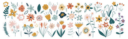Flower collection with leaves, floral bouquets. Vector flowers. Spring art print with botanical elements. Happy Easter. Folk style. Posters for the spring holiday. icons isolated on white background.のイラスト素材