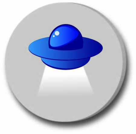 Blue spaceship/ UFO emitting light in space with a gray moon/circle in the backgroundのイラスト素材