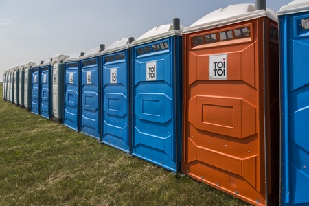 Bio mobile toilets on grassの写真素材