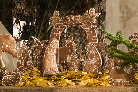 Christmas gingerbread nativity scene. handcarved