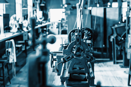 Historic hall with technical equipment, tinted blue with a strong technical noise. Suitable as a technical base image.の写真素材