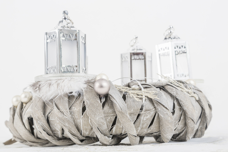 Silver advent wreath with 4 metallic candlesの写真素材