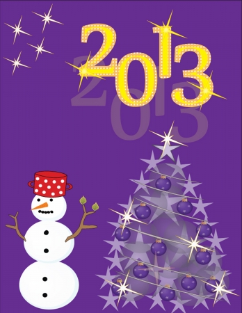 New Year s card with snowman and christmas tree on violet backgroundのイラスト素材