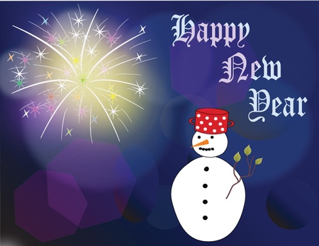New  Year scard on blue background with fireworks and snowmanのイラスト素材