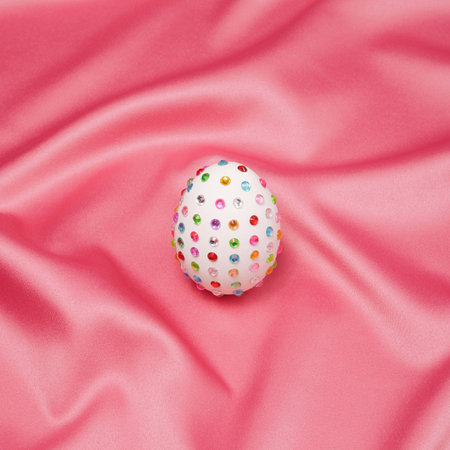 2022 Optimistic Easter still life composition. Egg with zircons on pink silk sheet.Creative retro minimal background.の写真素材