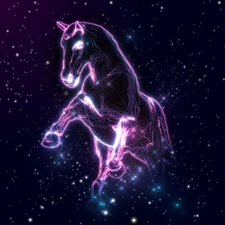 Abstract image of horse with glow strings and stars の写真素材