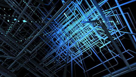 Blue grid against black background. 3D illustration.