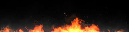 Fire and sparks on black background. Beautiful flames background. Burning sparks flying.の写真素材