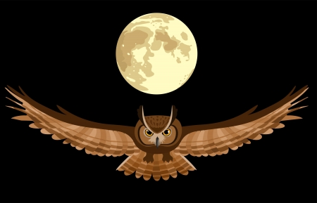  illustration of flying owl in the night sky with moon のイラスト素材