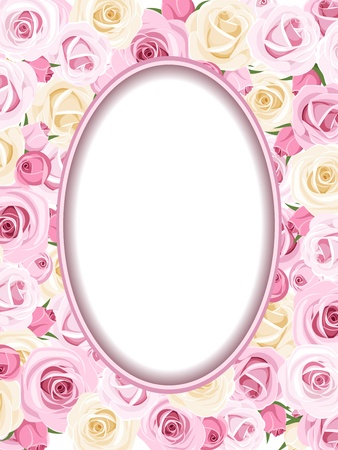 Vintage frame with pink and white roses illustration のイラスト素材