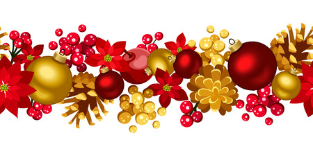 Christmas horizontal seamless background with balls, holly, cones and poinsettia のイラスト素材
