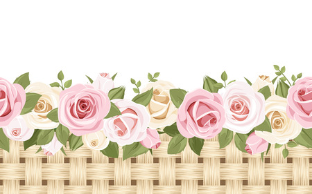 Horizontal seamless background with roses and wicker  Vector illustration のイラスト素材