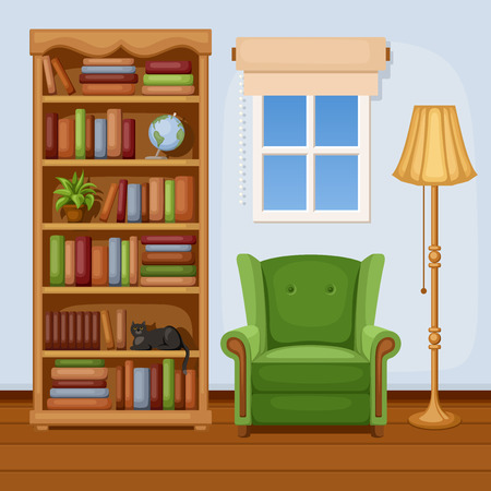Room interior with bookcase and armchair  Vector illustration のイラスト素材