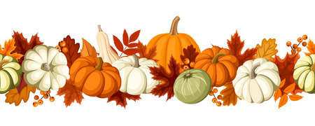 Horizontal seamless background with pumpkins and autumn leavesのイラスト素材