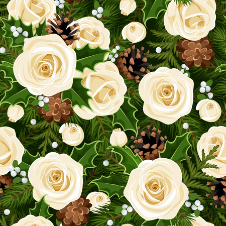 Christmas seamless background with roses, fir branches and holly. Vector illustration.のイラスト素材