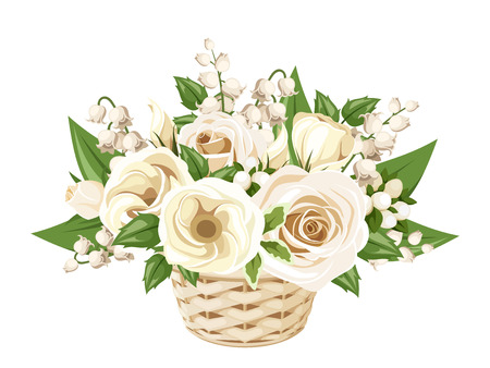White roses, lisianthuses and lily of the valley in basket. Vector illustration.のイラスト素材