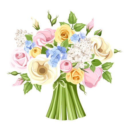 Bouquet of colorful roses, lisianthus and lilac flowers. Vector illustration.のイラスト素材