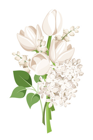 Bouquet of white tulips, lilac flowers and lily of the valley. Vector illustration.のイラスト素材