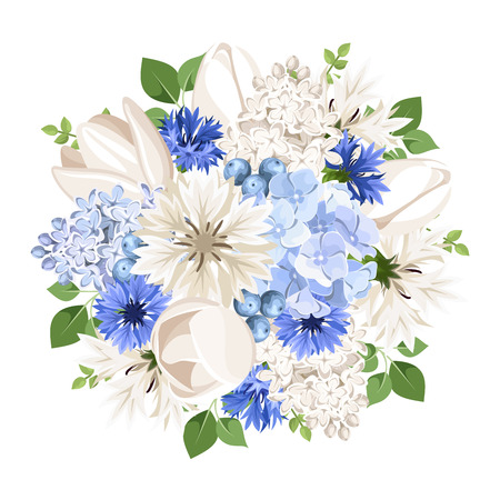 Vector bouquet of white and blue tulips, lilac, cornflowers and hydrangea flowers isolated on a white background.のイラスト素材