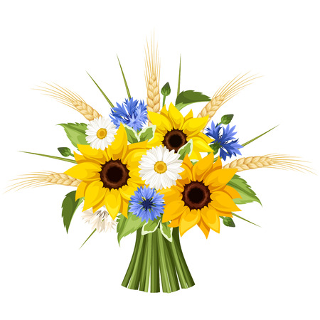 Bouquet of sunflowers, daisies, cornflowers and ears of wheat. Vector illustration.のイラスト素材