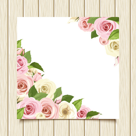 White card with pink and white roses on a wooden background. Vector eps-10.のイラスト素材