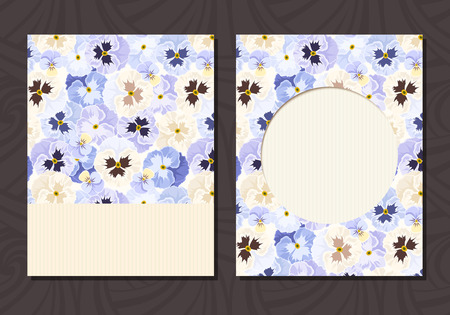 Vector flyer card with blue, white and purple pansy flowers.のイラスト素材