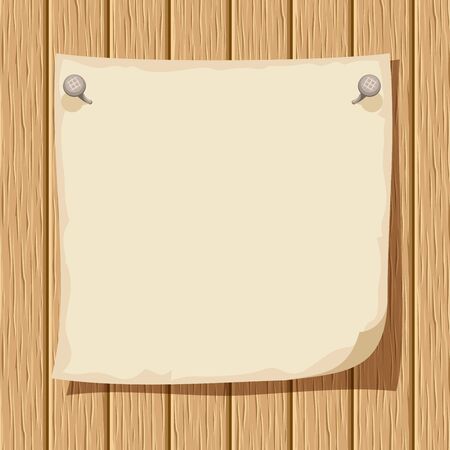 Beige nailed paper sheet on a wooden background. Vector illustration.のイラスト素材