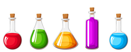 Vector set of glass flasks with colorful liquids isolated on a white background.のイラスト素材