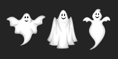Set of three vector white ghosts isolated on a black background.のイラスト素材