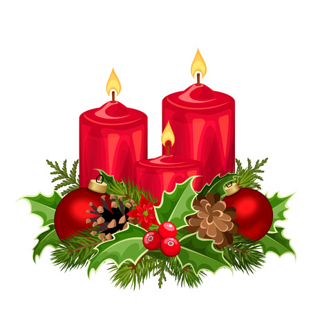 Vector illustration of three red Christmas candles with fir branches, balls, holly, poinsettia and cones.のイラスト素材