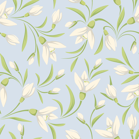 Vector seamless pattern with white snowdrop flowers and green leaves on a blue background.のイラスト素材