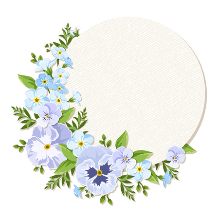 Vector circle card with blue and purple pansies and forget-me-not flowers.のイラスト素材