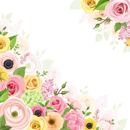 Vector background with pink, orange and yellow roses, lisianthuses, anemones, ranunculus and hydrangea flowers and green leaves.のイラスト素材