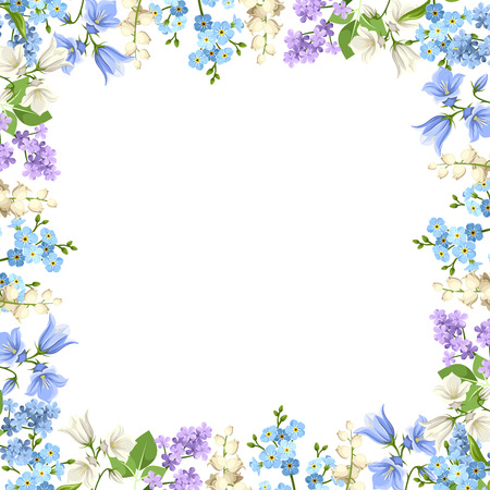 background with various blue, purple and white flowers and green leaves.のイラスト素材
