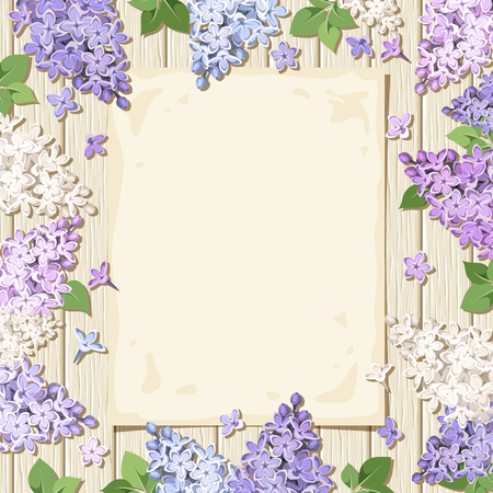 illustration of a paper sheet and purple, white and blue lilac flowers on a wooden background.のイラスト素材