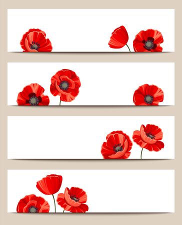 Set of four vector web banners with red poppies.のイラスト素材