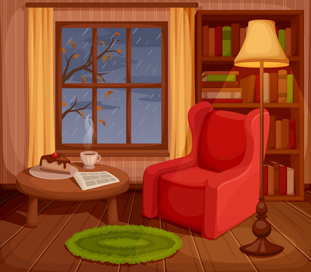 illustration of a cozy autumn living room with armchair, bookcase, lamp and rain outside the window.のイラスト素材