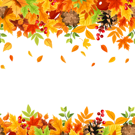 Vector horizontal seamless frame with colorful falling autumn leaves on a white background.のイラスト素材