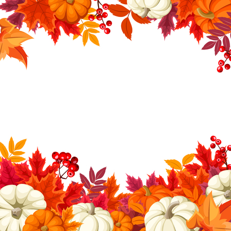Vector background frame with orange and white pumpkins and colorful autumn leaves.のイラスト素材