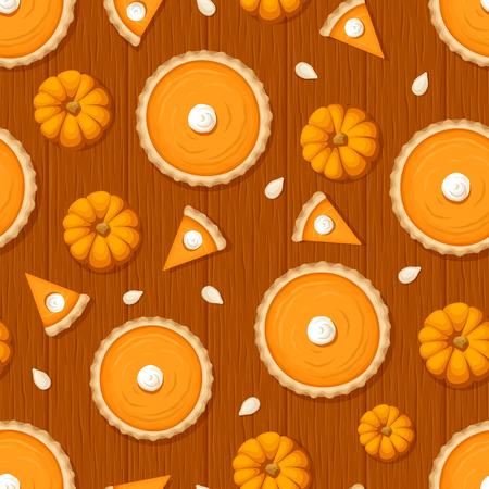 Vector seamless pattern with pumpkin pies, pumpkins and seeds on a wooden background.のイラスト素材