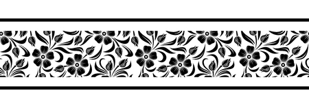 Vector horizontal black and white seamless border with flowers.のイラスト素材