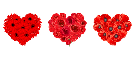 Vector hearts of red roses, gerbera and poppy flowers isolated on a white background.のイラスト素材