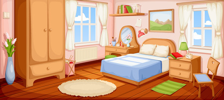 Illustration of a bedroom interior with a bed, nightstand, wardrobe and windows.のイラスト素材