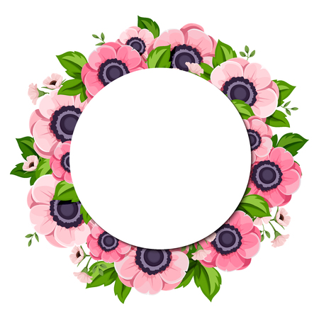 Vector circle background with pink anemone flowers and green leaves.のイラスト素材
