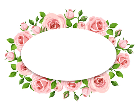 Vector White card with pink roses and green leaves.のイラスト素材