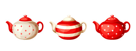 Vector set of three red and white porcelain teapots isolated on a white background.のイラスト素材