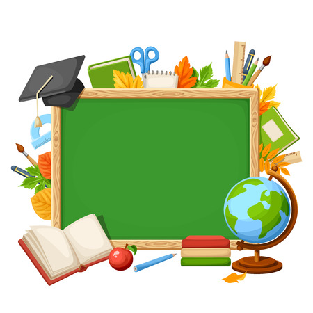 Vector background with green chalkboard, globe, books, grad cap, school supplies and autumn leaves.のイラスト素材